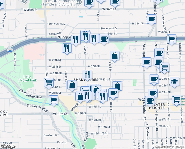map of restaurants, bars, coffee shops, grocery stores, and more near 1219 West 24th Street in Houston