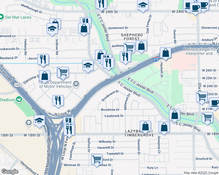 map of restaurants, bars, coffee shops, grocery stores, and more near 2503 North Loop West Freeway in Houston