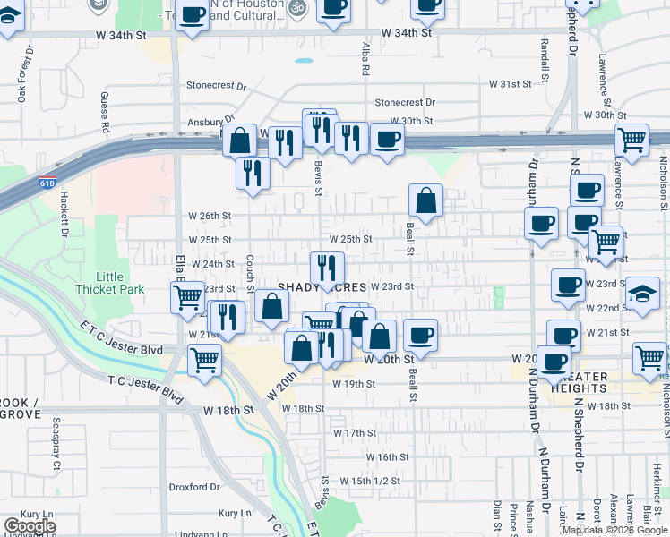 map of restaurants, bars, coffee shops, grocery stores, and more near 2403 Bevis Street in Houston