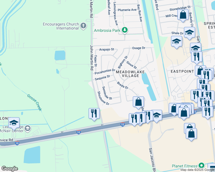 map of restaurants, bars, coffee shops, grocery stores, and more near 7507 Comanche Street in Baytown