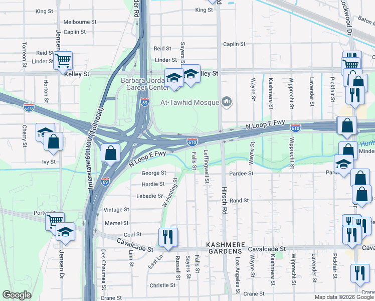 map of restaurants, bars, coffee shops, grocery stores, and more near 5028 Falls Street in Houston