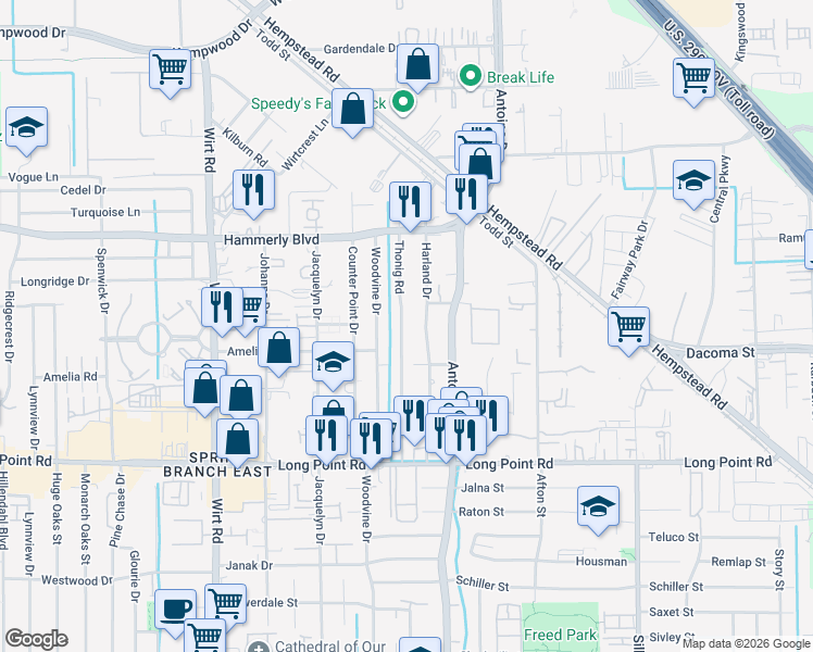 map of restaurants, bars, coffee shops, grocery stores, and more near 2023 Thonig Road in Houston