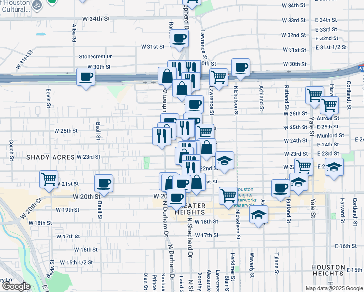 map of restaurants, bars, coffee shops, grocery stores, and more near in Houston