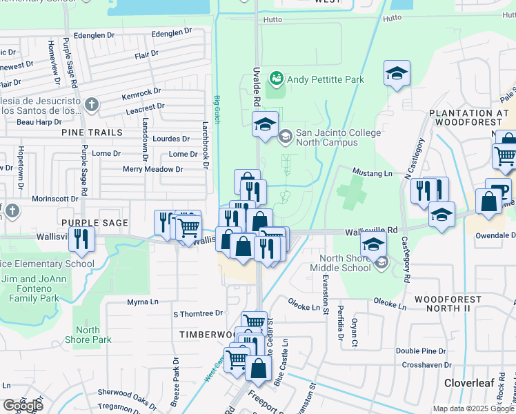 map of restaurants, bars, coffee shops, grocery stores, and more near Uvalde Road in Houston