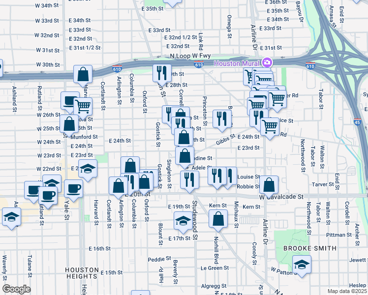 map of restaurants, bars, coffee shops, grocery stores, and more near in Houston