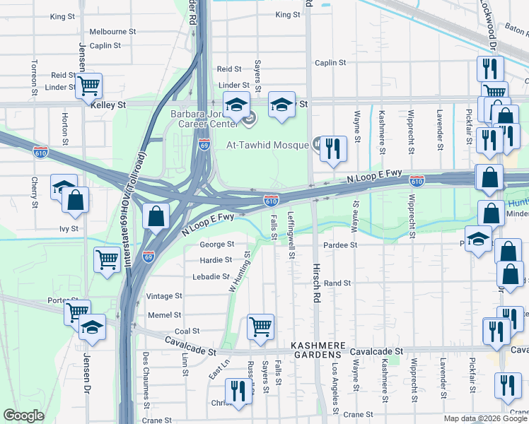map of restaurants, bars, coffee shops, grocery stores, and more near 5028 Falls Street in Houston