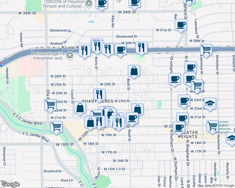 map of restaurants, bars, coffee shops, grocery stores, and more near 1135 West 24th Street in Houston