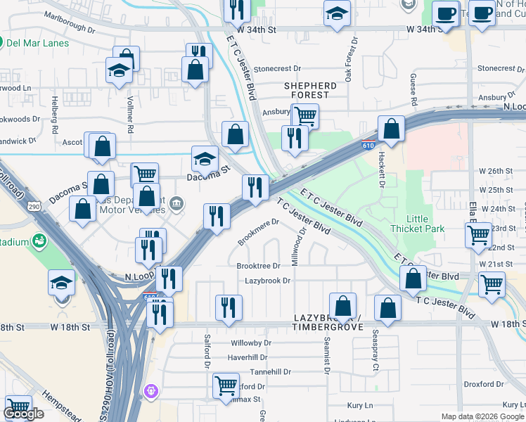 map of restaurants, bars, coffee shops, grocery stores, and more near 2503 North Loop West Freeway in Houston