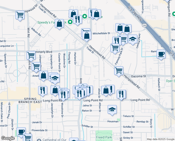 map of restaurants, bars, coffee shops, grocery stores, and more near 2040 Antoine Drive in Houston
