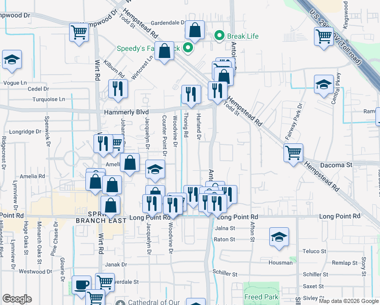 map of restaurants, bars, coffee shops, grocery stores, and more near 2023 Thonig Road in Houston