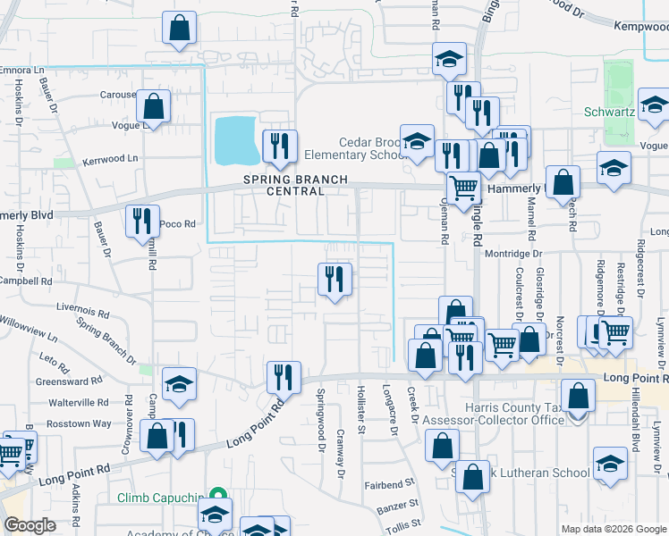 map of restaurants, bars, coffee shops, grocery stores, and more near 8924 Live Oak Grove Lane in Houston
