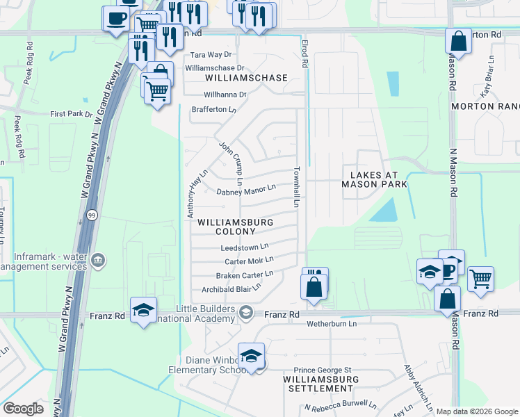 map of restaurants, bars, coffee shops, grocery stores, and more near 22626 Dabney Manor Lane in Katy