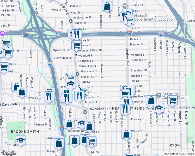 map of restaurants, bars, coffee shops, grocery stores, and more near 415 English Street in Houston