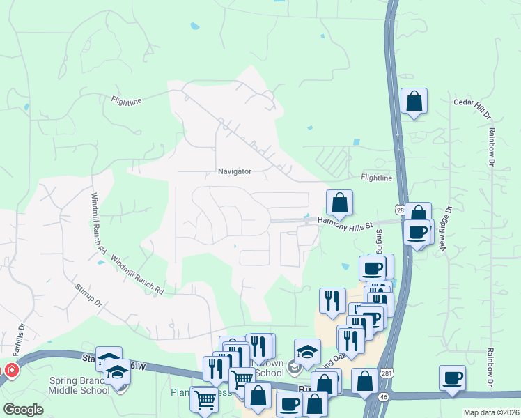 map of restaurants, bars, coffee shops, grocery stores, and more near 546 Singing Creek in Spring Branch