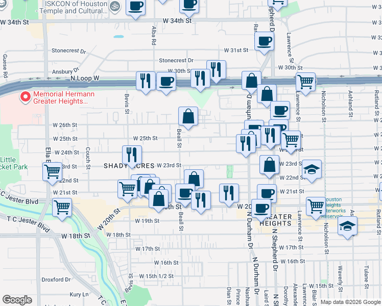 map of restaurants, bars, coffee shops, grocery stores, and more near 1007 West 24th Street in Houston