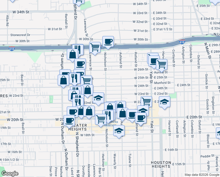 map of restaurants, bars, coffee shops, grocery stores, and more near 444 West 24th Street in Houston