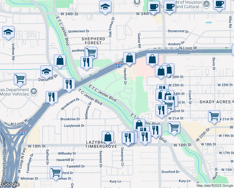 map of restaurants, bars, coffee shops, grocery stores, and more near 6 Hackett Drive in Houston