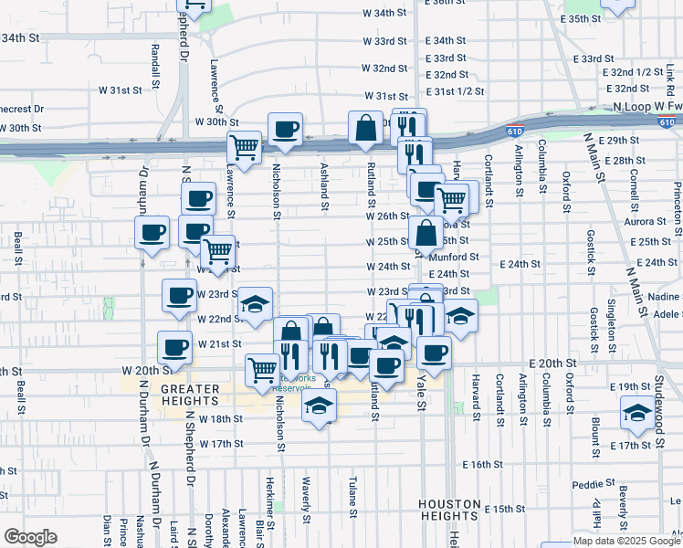 map of restaurants, bars, coffee shops, grocery stores, and more near 330 West 24th Street in Houston