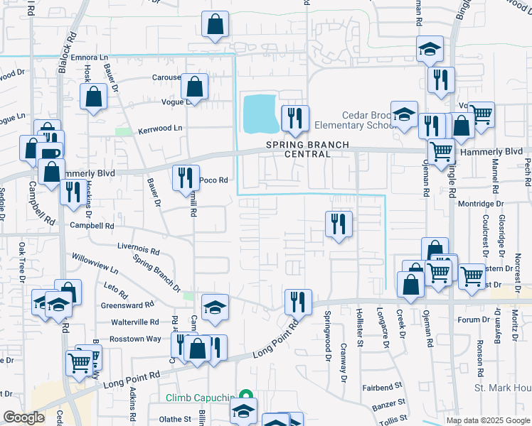 map of restaurants, bars, coffee shops, grocery stores, and more near 1945 Laverne Street in Houston