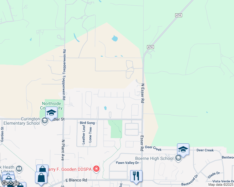 map of restaurants, bars, coffee shops, grocery stores, and more near Pocono Road in Boerne