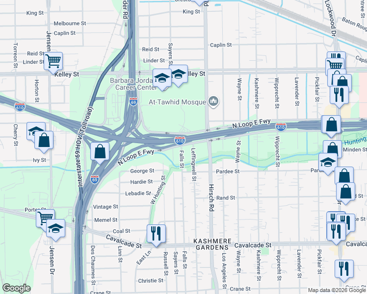 map of restaurants, bars, coffee shops, grocery stores, and more near 5028 Falls Street in Houston