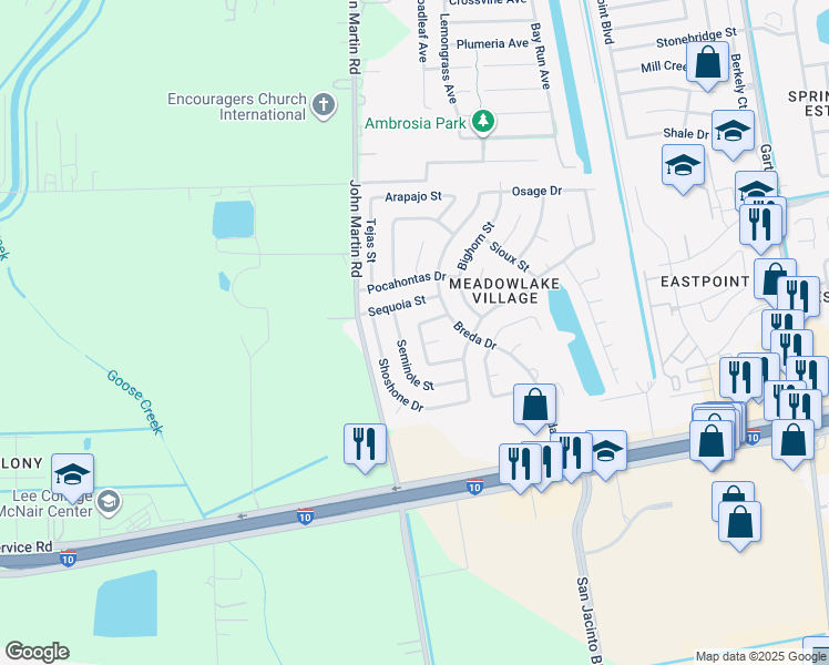 map of restaurants, bars, coffee shops, grocery stores, and more near 4206 Shawnee Street in Baytown