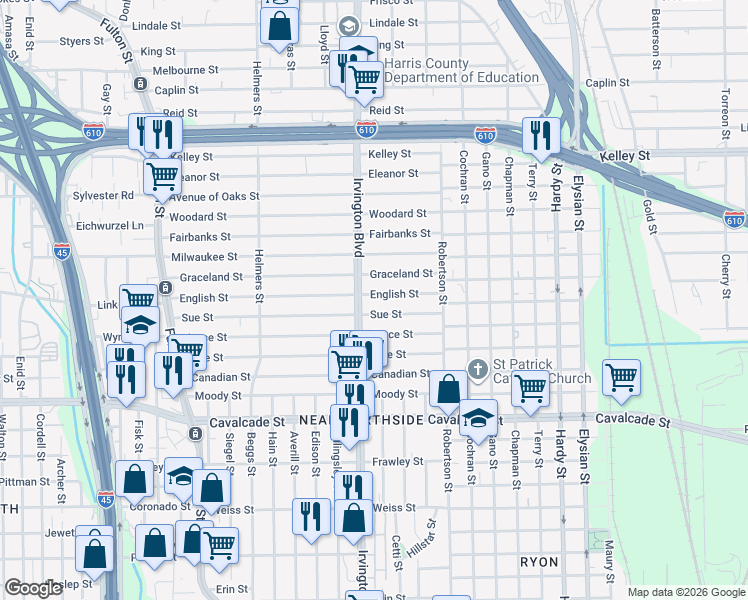 map of restaurants, bars, coffee shops, grocery stores, and more near in Houston