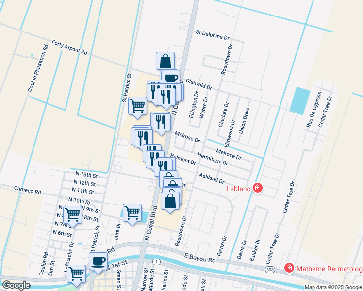 map of restaurants, bars, coffee shops, grocery stores, and more near 400 Houmas Drive in Thibodaux
