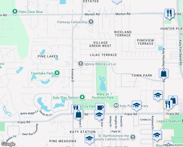 map of restaurants, bars, coffee shops, grocery stores, and more near 2407 Avenue A in Katy
