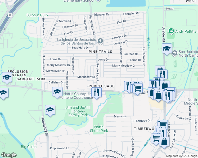 map of restaurants, bars, coffee shops, grocery stores, and more near 14402 Morinscott Drive in Houston