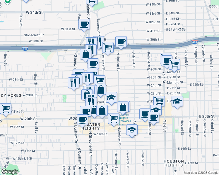 map of restaurants, bars, coffee shops, grocery stores, and more near 532 West 24th Street in Houston