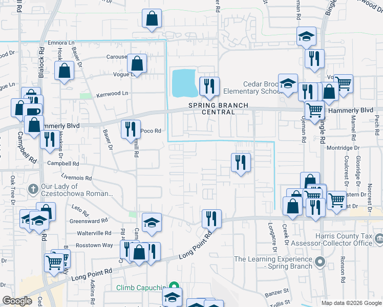 map of restaurants, bars, coffee shops, grocery stores, and more near 8964 Zurcher Lane in Houston