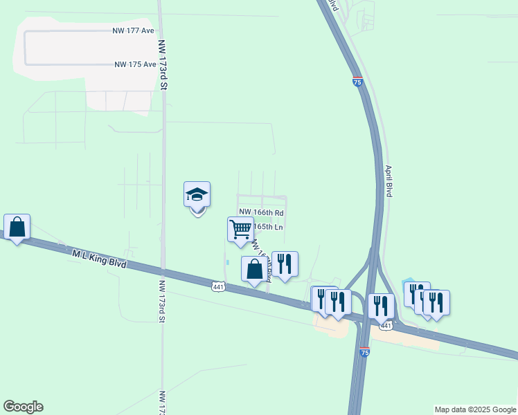 map of restaurants, bars, coffee shops, grocery stores, and more near 16704 Northwest 166th Road in Alachua