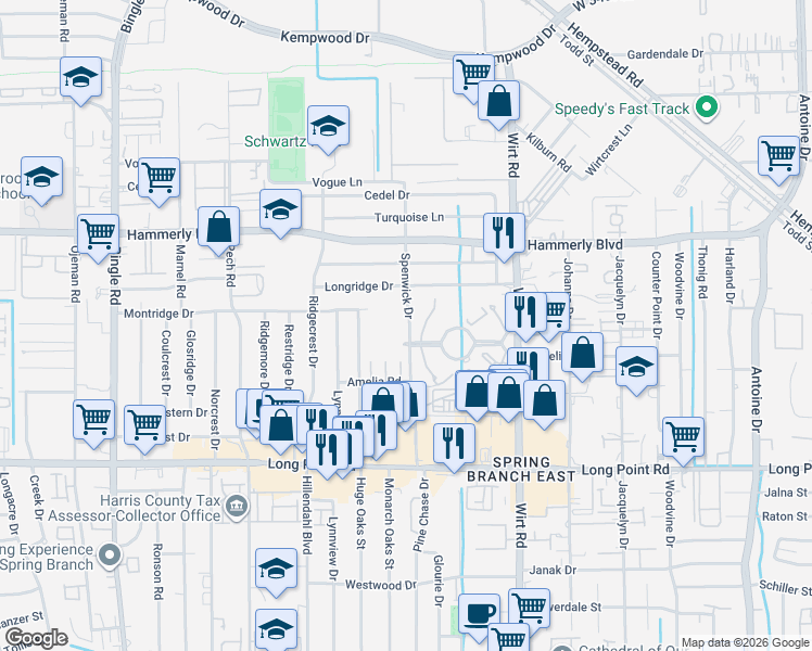 map of restaurants, bars, coffee shops, grocery stores, and more near 2021 Spenwick Drive in Houston