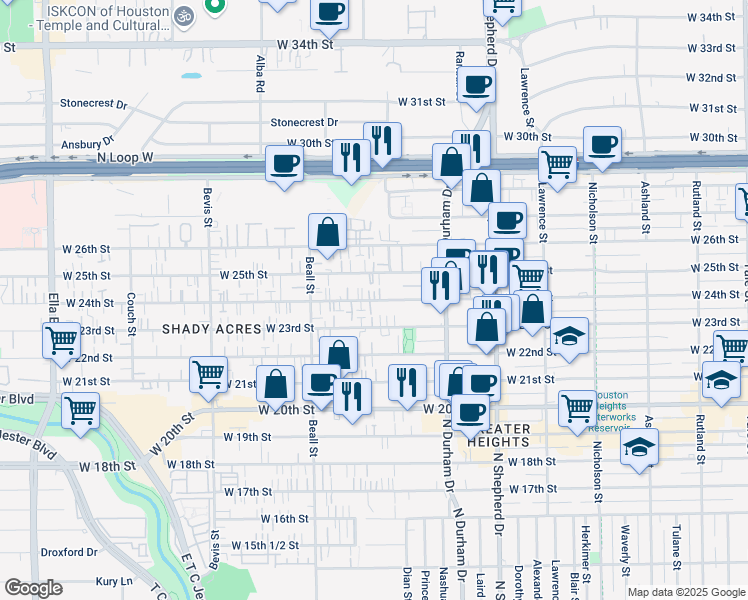 map of restaurants, bars, coffee shops, grocery stores, and more near West 24th Street in Houston