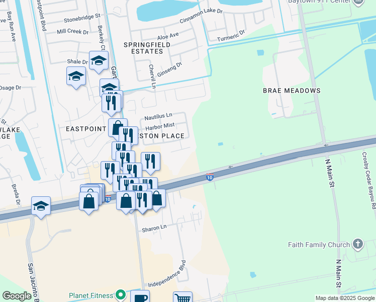 map of restaurants, bars, coffee shops, grocery stores, and more near 5418 Coastline Street in Baytown