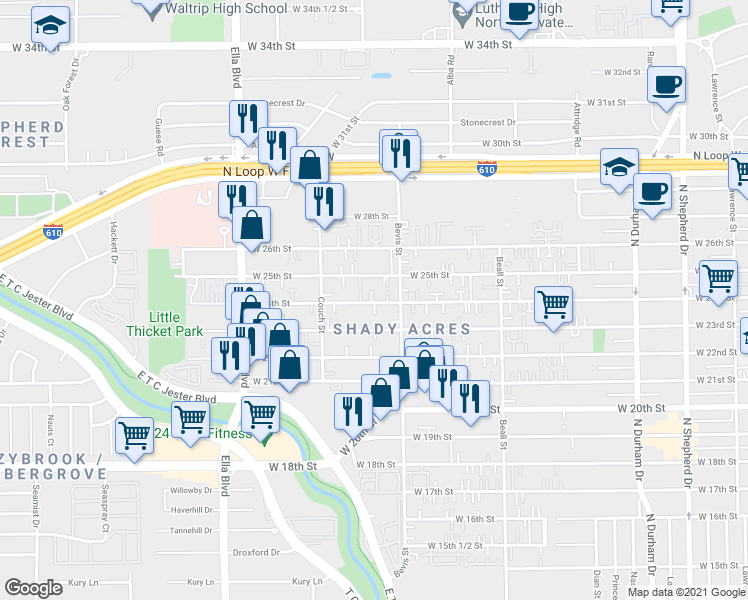 map of restaurants, bars, coffee shops, grocery stores, and more near 1339 West 24th Street in Houston