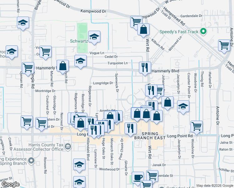 map of restaurants, bars, coffee shops, grocery stores, and more near 2021 Spenwick Drive in Houston