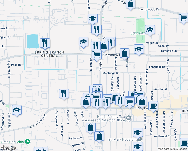 map of restaurants, bars, coffee shops, grocery stores, and more near 1938 Ojeman Road in Houston