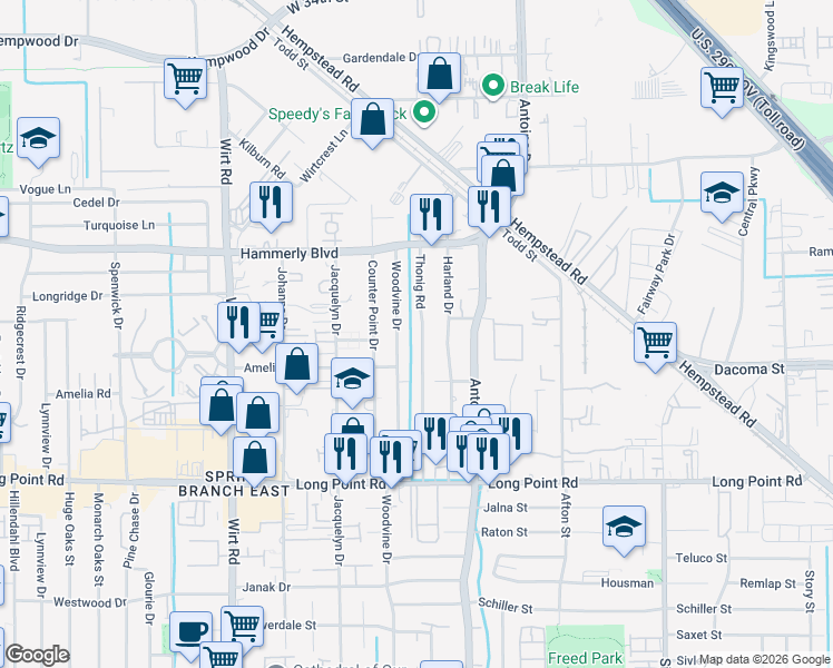 map of restaurants, bars, coffee shops, grocery stores, and more near 2023 Thonig Road in Houston