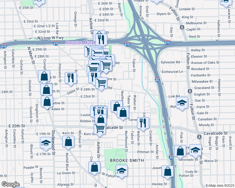 map of restaurants, bars, coffee shops, grocery stores, and more near 612 Hawthorn Grove Lane in Houston