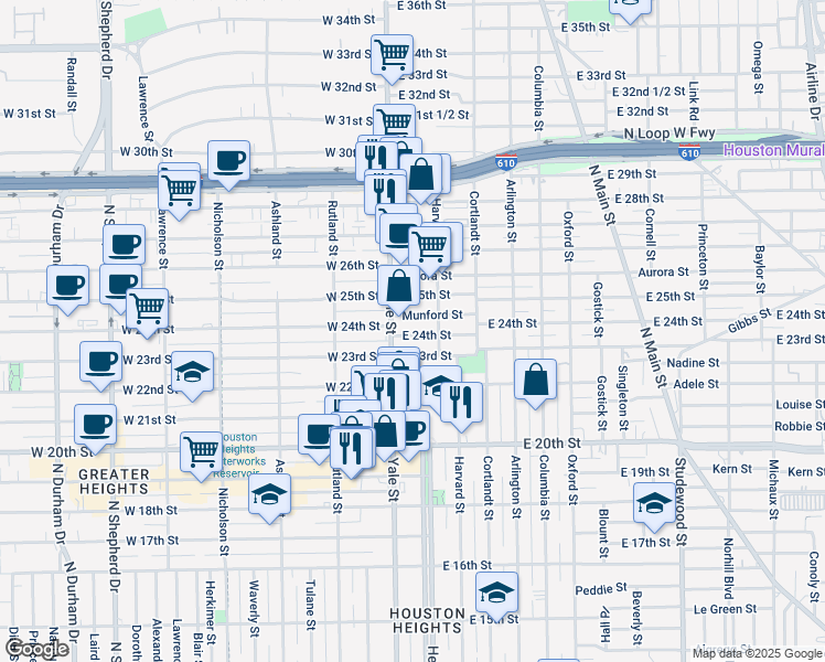 map of restaurants, bars, coffee shops, grocery stores, and more near 109 East 24th Street in Houston