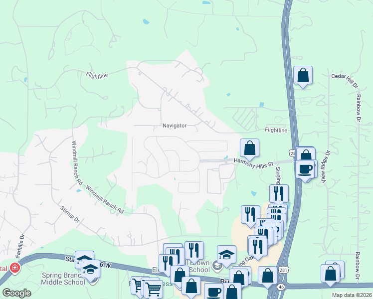 map of restaurants, bars, coffee shops, grocery stores, and more near 546 Singing Creek in Spring Branch