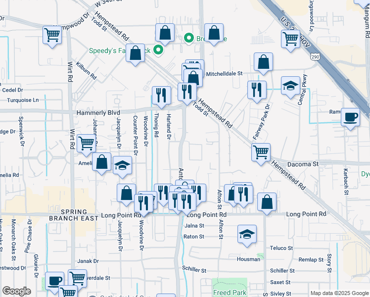 map of restaurants, bars, coffee shops, grocery stores, and more near 2040 Antoine Drive in Houston