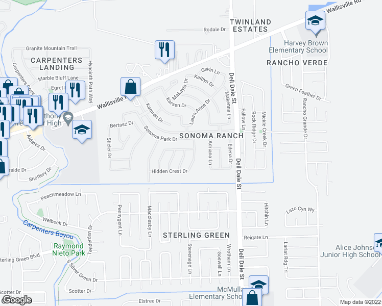 map of restaurants, bars, coffee shops, grocery stores, and more near 16211 Hidden Crest Drive in Houston