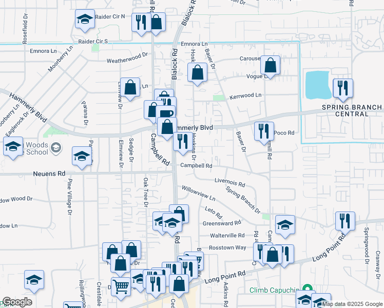 map of restaurants, bars, coffee shops, grocery stores, and more near 1923 Hoskins Drive in Houston