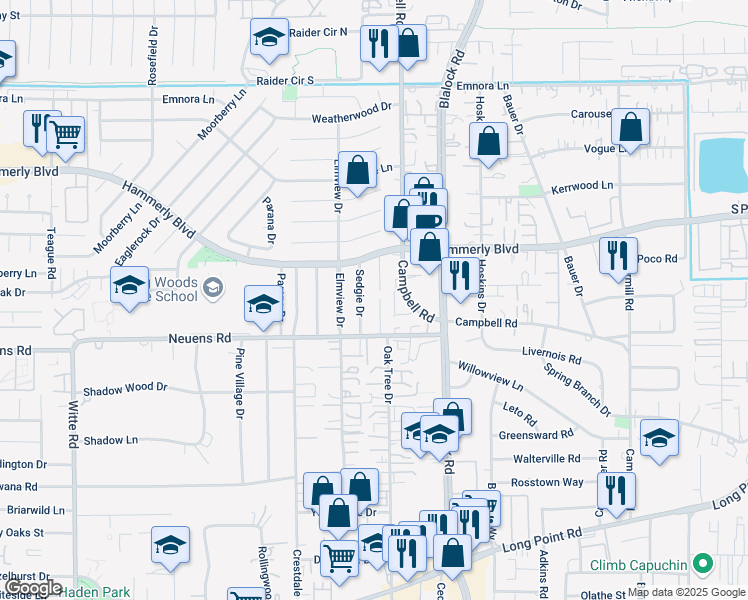 map of restaurants, bars, coffee shops, grocery stores, and more near 1925 Stillwood Drive in Houston