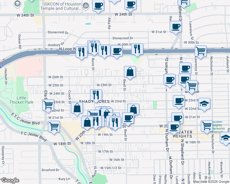 map of restaurants, bars, coffee shops, grocery stores, and more near 1135 West 24th Street in Houston
