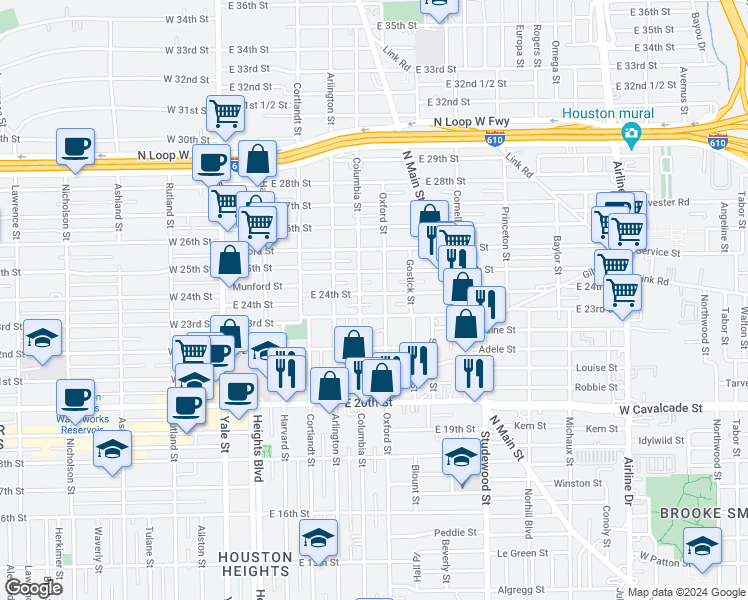 map of restaurants, bars, coffee shops, grocery stores, and more near 516 East 24th Street in Houston