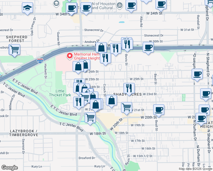 map of restaurants, bars, coffee shops, grocery stores, and more near 1427 West 24th Street in Houston